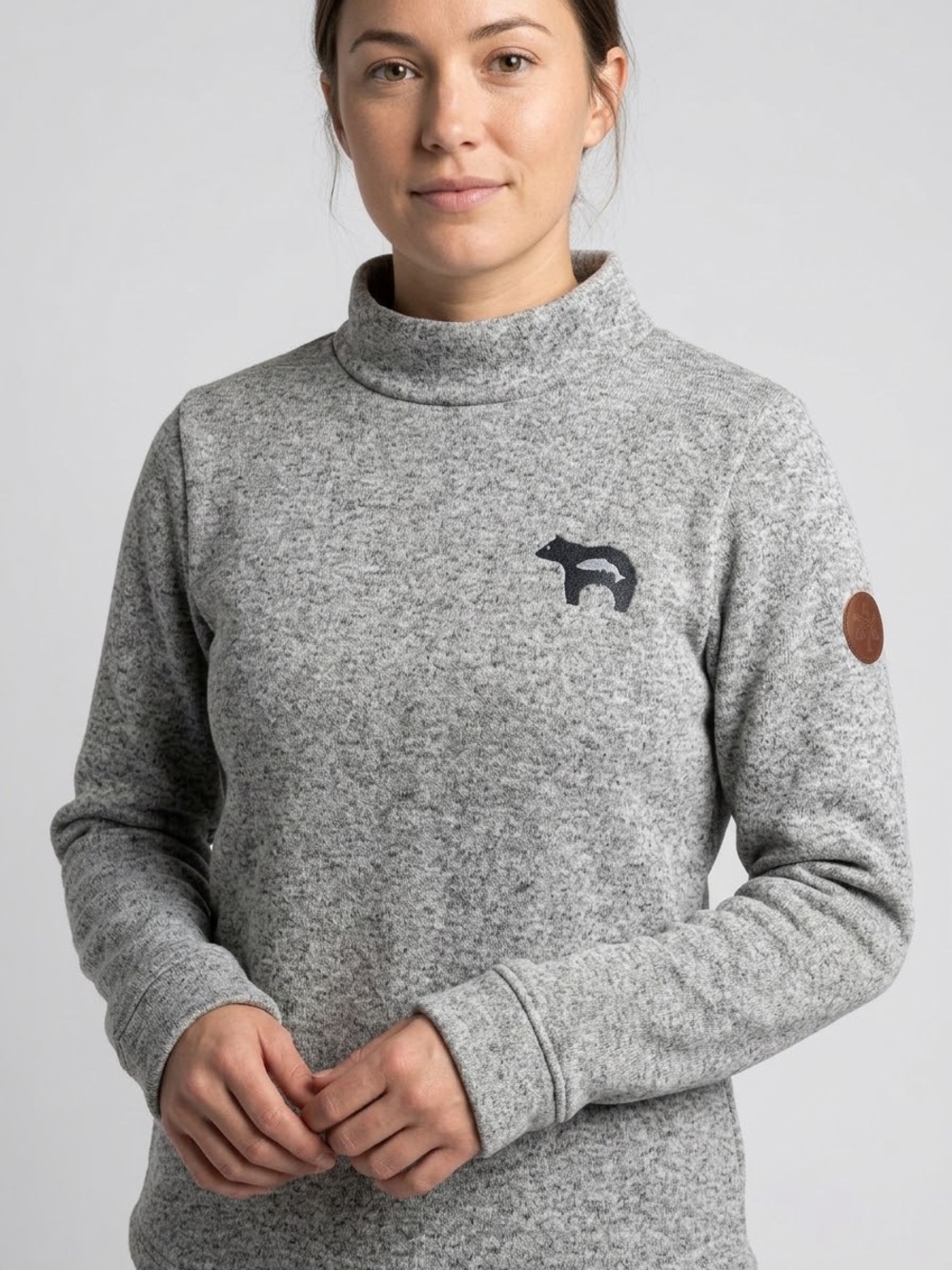 Salmon Sisters Heather Gray Mock Neck Sweater Size Medium with Bear Graphic